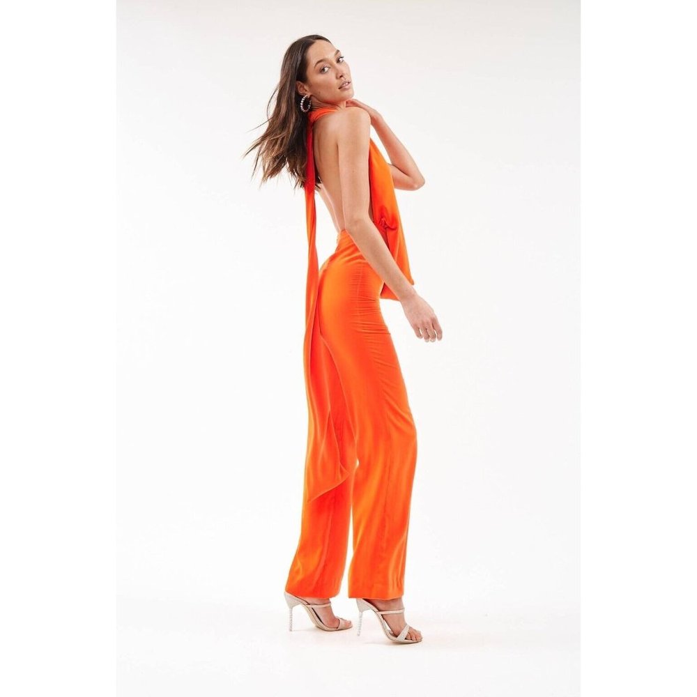 AREA Draped Cowl Jumpsuit Orange Velvet Deep V Sexy